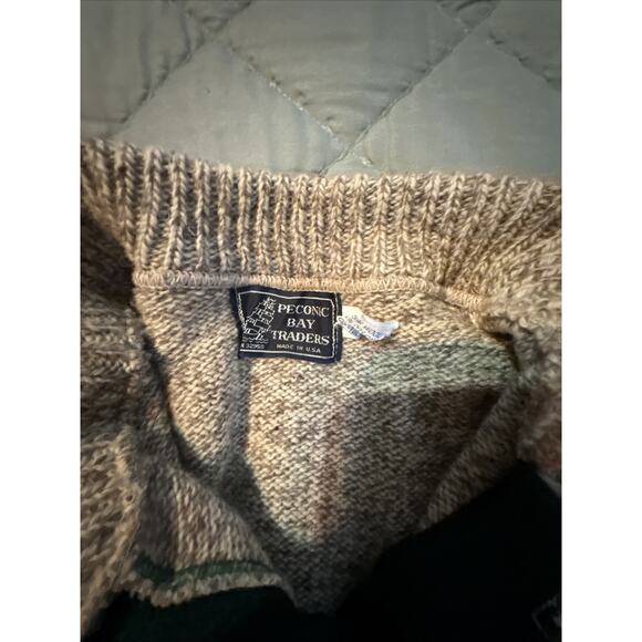 Peconic Bay Traders Fisherman Sweater Mens M Wool Birds Eye Beige Green Stripe - Picture 9 of 11
